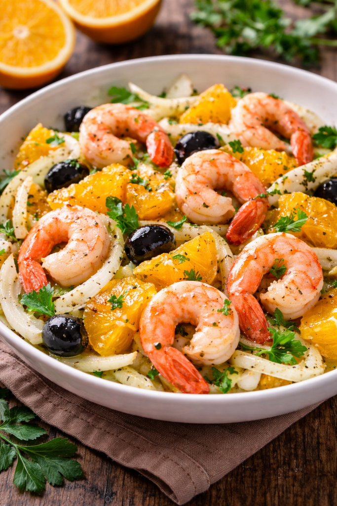 insalata di gamberi e arance con finocchio olive nere e prezzemolo ricetta siciliana