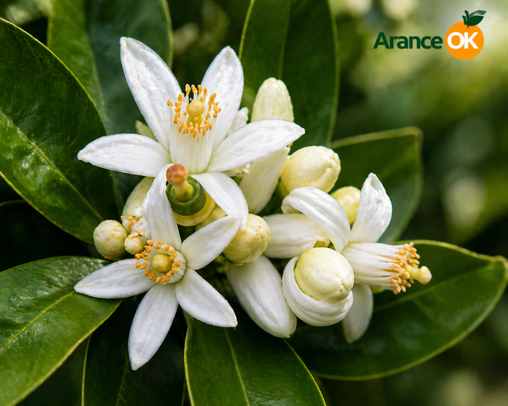Aranceto di Ribera in Sicilia durante il periodo della zagara con fiori bianchi profumati